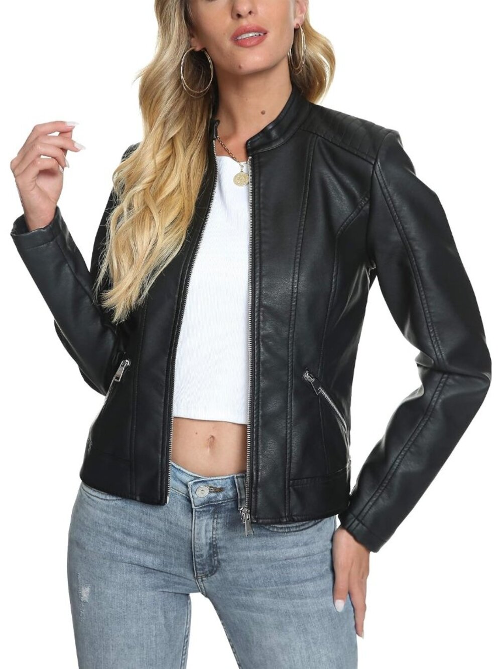 Women's Black Zip Leather Jackets Motorcycle Stylish Moto Biker Outwear Coat